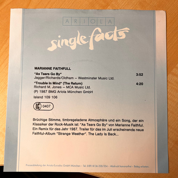 Marianne Faithfull – As Tears Go By (1987) – Foto 1