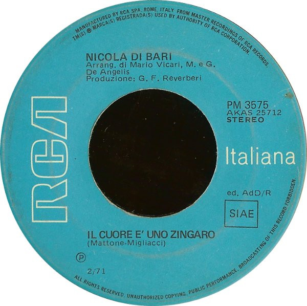 Nicola Di Bari – Il Cuore Ѐ Uno Zingaro / Agnese (1971) – Foto 2