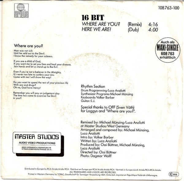 16 Bit – Where Are You? (Remix (We Know The Way)) (1986) – Foto 3