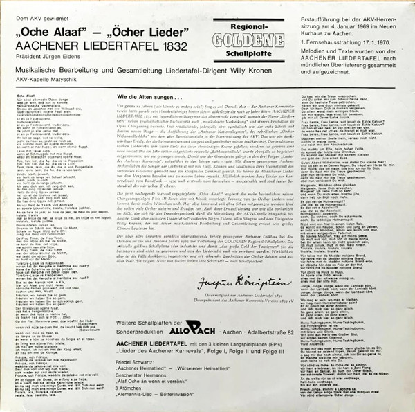 Aachener Liedertafel – Oche Alaaf, Öcher Lieder (1973) – Hoes