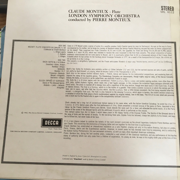 Claude Monteux – Flute Concerto In D Major / Suite No.2 In B Minor / Orphée Et Eurydice, Dance Of The Blessed Spirits – Foto 3