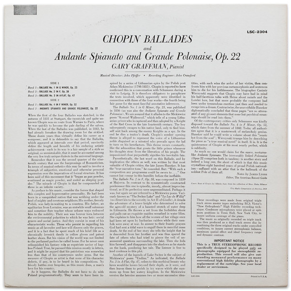 Gary Graffman – Chopin Ballades & Andante Spianato And Grand Polonaise (1959) – Foto 3