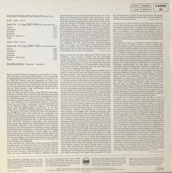 Johann Sebastian Bach – Suiten Für Violoncello Nr. 3 & 4 (1983) – Hoes