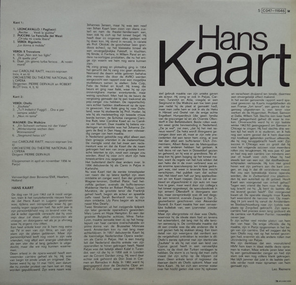 Hans Kaart – Aria's En Duetten Uit La Fanciulla De West, Rigoletto, Il Trovatore, Otello, Die Walküre (1971) – Hoes