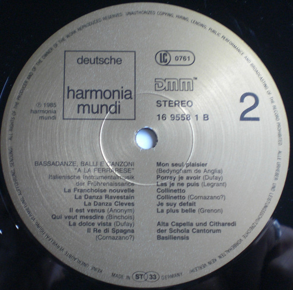 Alta Capella Und Citharedi Der Schola Cantorum Basiliensis – Bassadanze, Balli E Canzon ›A La Ferrarese‹ (Italienische Instrumentalmusik Der Frührenaissance) (1985) – Hoes