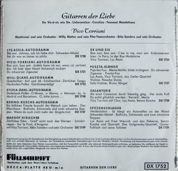 Vico Torriani – Gitarren Der Liebe (1954) – Hoes